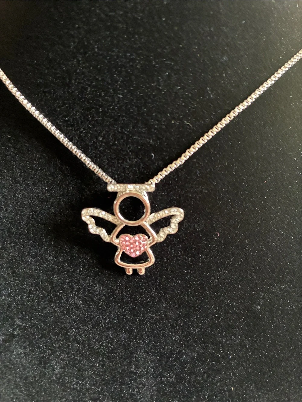 Silver Angel Pendant Necklace with Pink Heart